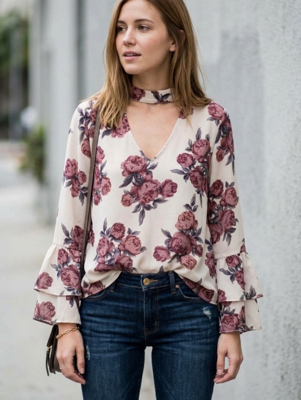 Cream Colored Choker Neck Long Bell Sleeve Blouse with Burgundy Florals - L